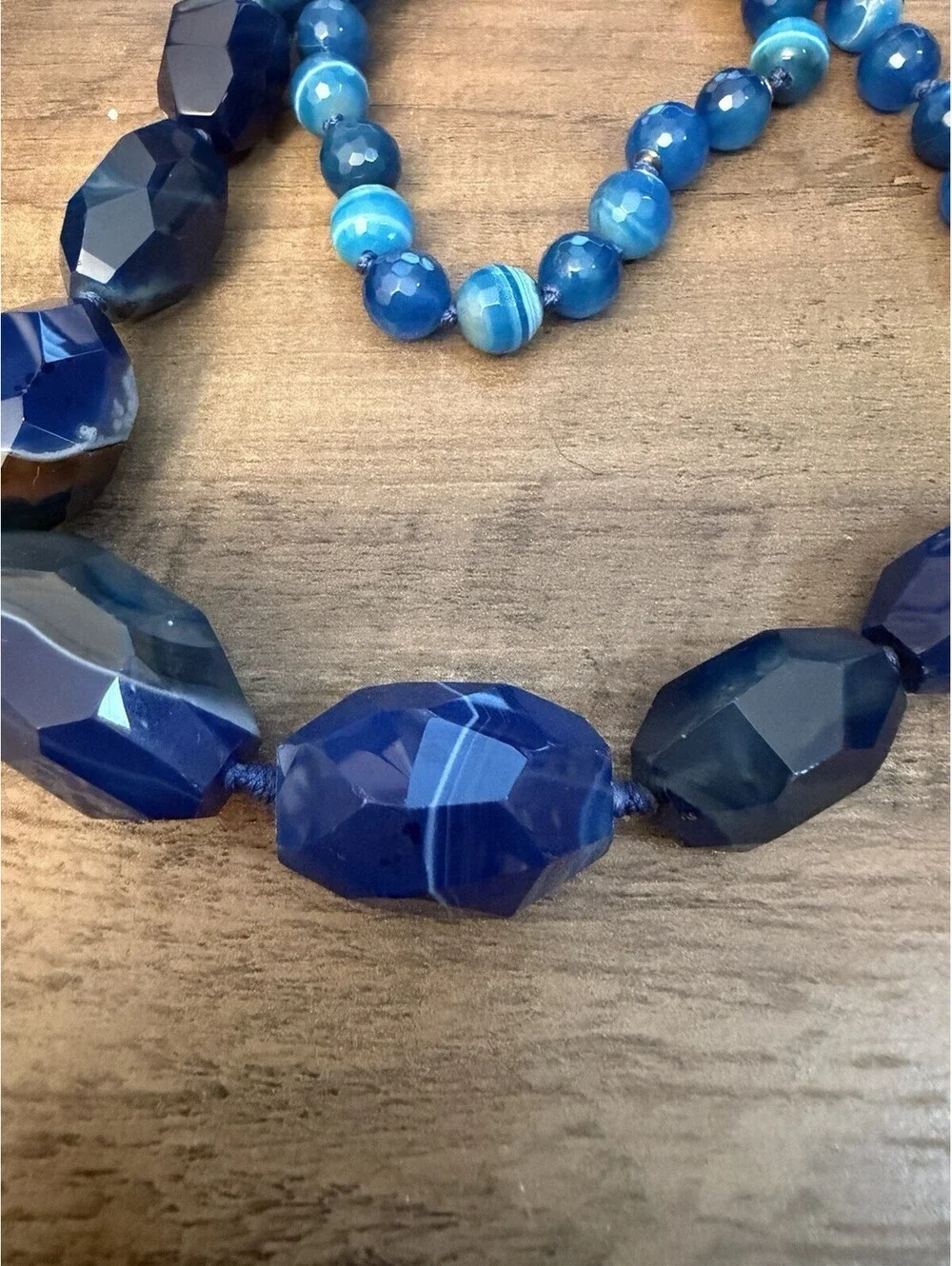 Blue Banded Agate Beaded Necklace Faceted Graduated Gemstone Necklace 925 28”